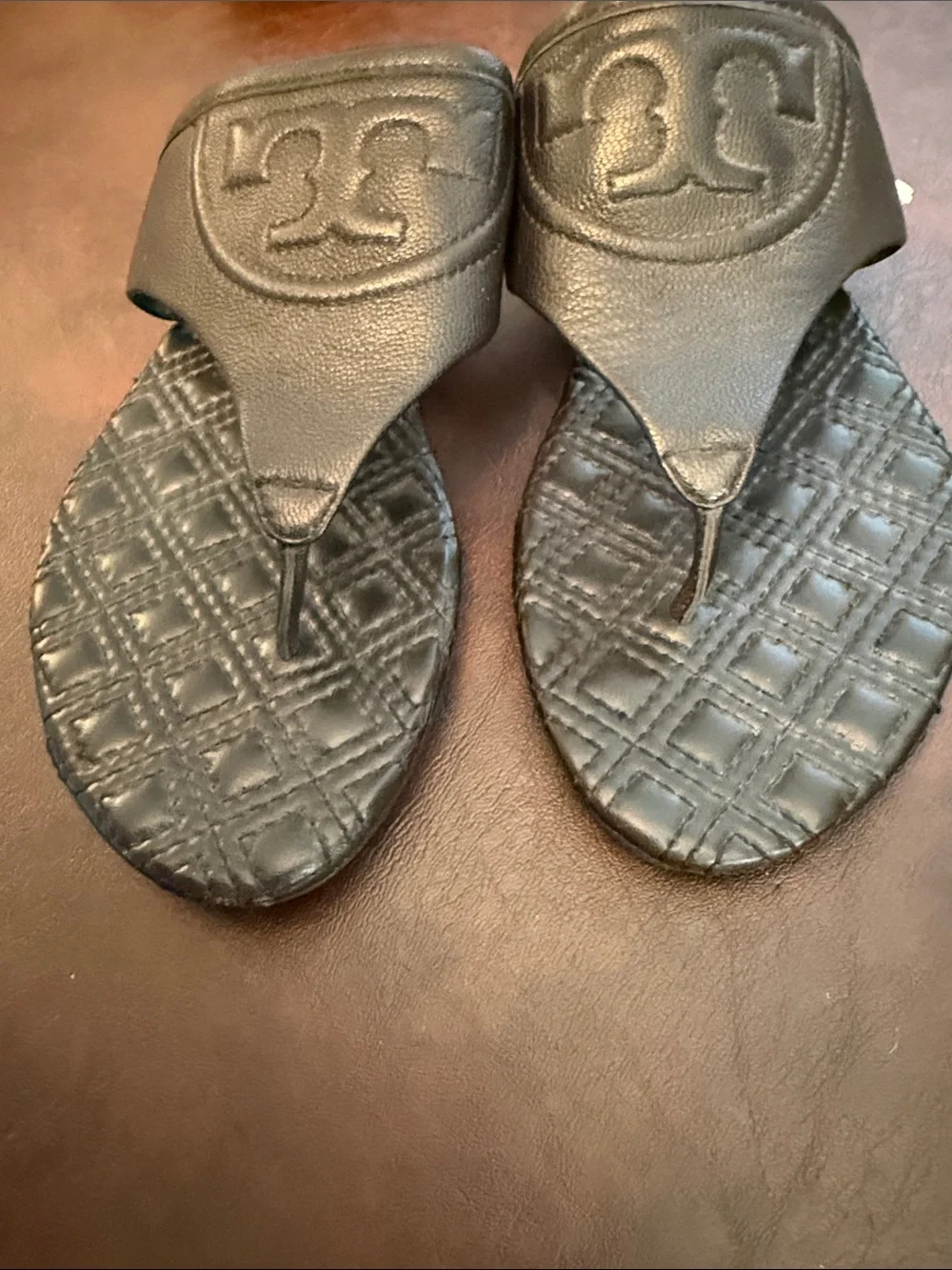 Black Tory Burch Leather Logo Thong Sandals